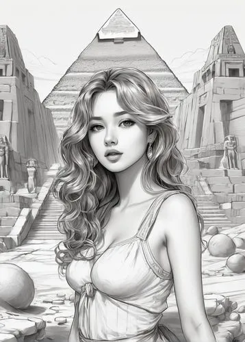 asherah,powerslave,ancient egyptian girl,inanna,step pyramid,giza,Illustration,Black and White,Black and White 30