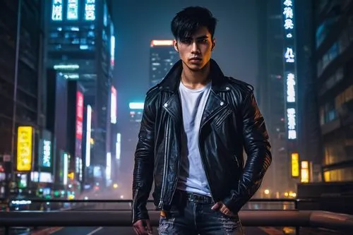 pompadour,yukio,new york streets,leather jacket,city ​​portrait,punk,city lights,tao,ten,photo session at night,portrait background,spotify icon,mohawk hairstyle,male model,trespassing,hong kong,citylights,dj,portrait photography,jacket,Conceptual Art,Oil color,Oil Color 02