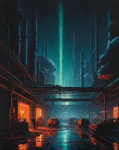 industrial landscape,bladerunner,futuristic landscape,refinery,metropolis,neuromancer,polara,jablonsky,cyberport,industrial area,sedensky,undercity,cybercity,deckard,arktika,industrial,industrial hall,industrija,mcquarrie,industrial ruin,Illustration,Abstract Fantasy,Abstract Fantasy 20