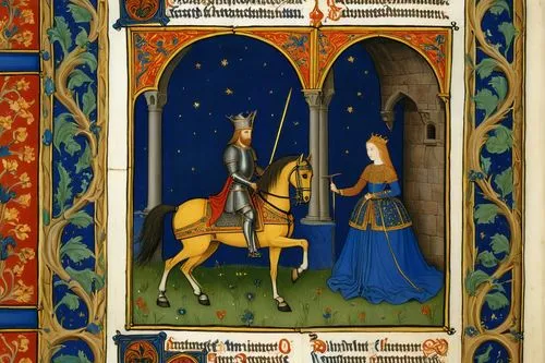 Style of the image from the "Magnificent Book of Hours of the Duke of Berry" by the Limbourg brothers, Illuminated manuscript. In the lower right corner, a medieval mounted knight in armor, a helmet w