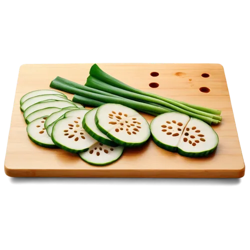 Kanda vegetable, Japanese lotus root, white and crunchy flesh, green stem, thin slices, transparent cut section, wooden cutting board, natural light, soft focus, shallow depth of field, warm color ton