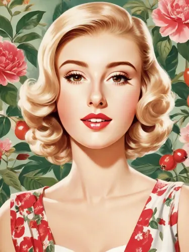 Illustration of a 1950s housewife for an advertisement for lipstick, Ladybird book style, blonde, beautiful, colourful, fun, artistic,retro 1950's clip art,retro pin up girl,valentine day's pin up,ret