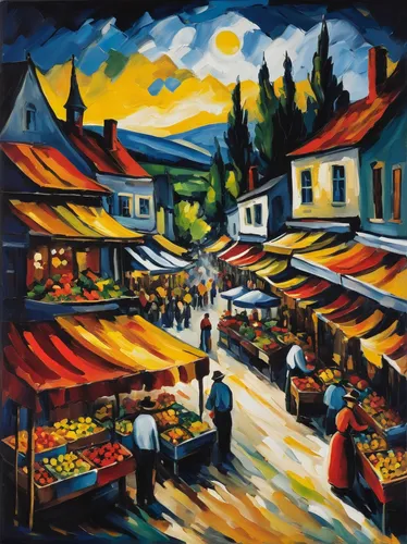 the market,farmer's market,farmers market,fruit market,market,marketplace,large market,vendors,khokhloma painting,vegetable market,david bates,street scene,village scene,market place,farmers local market,street fair,covered market,seller,escher village,eastern market,Art,Artistic Painting,Artistic Painting 37