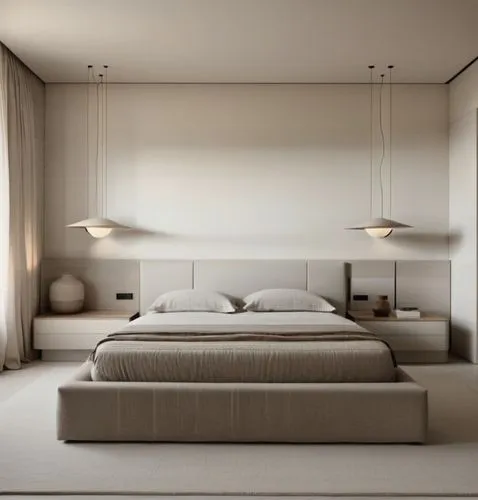 
create a warm minimalistic bedroom with grey bedframe, and simple circle shape light at the bedside table itself, make colours warm, add in warm cove lighting on the ceiling, no hanging lightings,a l