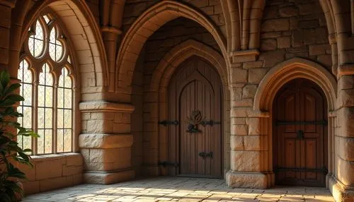 Rustic stone walls, ornate carvings, grand archways, ribbed vaults, rounded columns, intricate capitals, Gothic-inspired windows, stained glass, heavy wooden doors, wrought iron hinges, ornamental doo