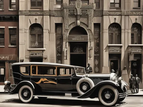 Immerse yourself in the lavish world of Art Deco buildings, where luxury and opulence reign supreme.,rolls royce 1926,packard caribbean,packard four hundred,mercedes-benz 770,packard 200,rolls-royce s