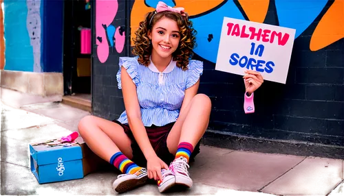 girl holding a sign,girl sitting,salesgirl,recess,saleswoman,keds,hande,acocks,kreayshawn,colleen,kiernan,commercial,adolescents,street chalk,bareilles,childrenswear,knee-high socks,rollerskates,teen,saleslady,Conceptual Art,Graffiti Art,Graffiti Art 07