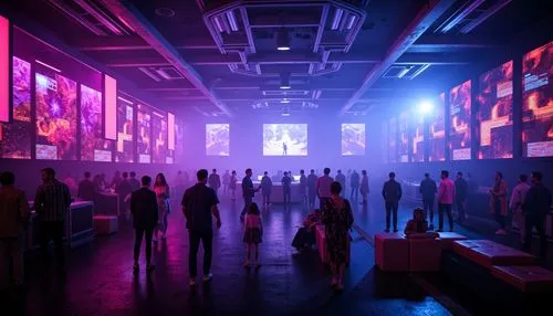 nightclub,futuristic art museum,dance club,cinema strip,factory hall,art gallery,hall of the fallen,ballroom,digital cinema,dancefloor,luminato,scene lighting,graecorum,nightclubs,clubbing,a museum exhibit,dancefloors,concert venue,hallway,spaceland