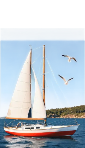 Sailboat, white sails, blue hull, wooden deck, shiny metal fittings, ropes, anchors, lifebuoys, seagulls flying overhead, clear blue sky, soft sunlight, gentle waves, 3/4 composition, shallow depth of