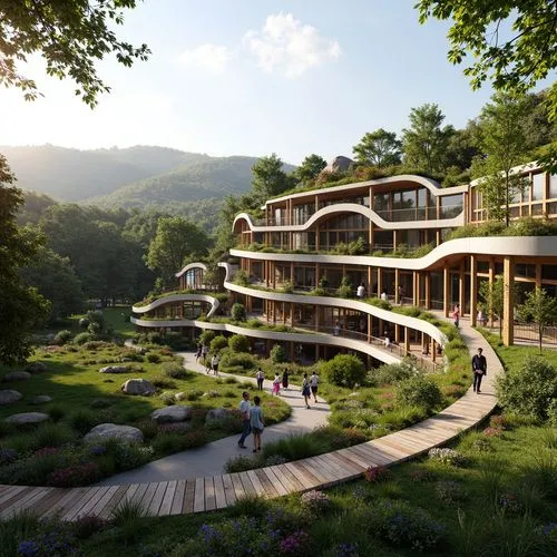 ecovillages,forest house,ecovillage,3d rendering,house in the mountains,fallingwater,treehouses,house in mountains,house in the forest,earthship,greenforest,landscaped,rivendell,tree house hotel,render,cohousing,renderings,ecotopia,futuristic architecture,streamwood