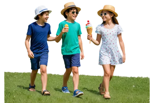 Summer scenery, sunny day, blue sky, white puffy clouds, green grass, colorful flowers blooming, children playing, laughing, running, water sprinkler, ice cream cone, sunglasses, straw hat, sandals, c