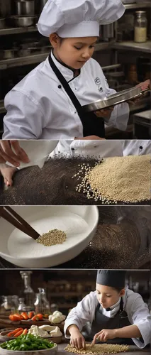 Write a dialogue between two chefs discussing the unique properties of white pepper.,chef's uniform,chef,flour production,food preparation,pastry chef,chefs kitchen,risotto,chef hats,bread ingredients