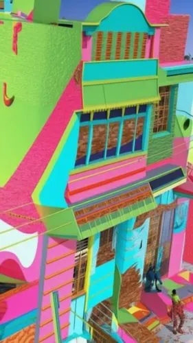 a multicolored house with many rooms in it,lazytown,tearaway,toontown,colorful facade,stilt houses,colorful city,Conceptual Art,Oil color,Oil Color 23