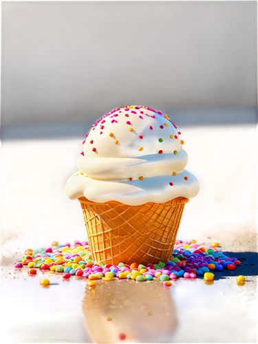 Melting ice cream, colorful sprinkles, creamy texture, rounded shape, lying on ground, afternoon sunlight, shallow depth of field, warm color tone, 3/4 composition, realistic rendering.,cupcake backgr