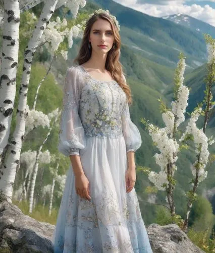 A woman in an embroidered dress and with a perfect face stands near birch trees on a mountainside covered with white flowers and . She looks at the blue sky, covered with white clouds,enchanting,white