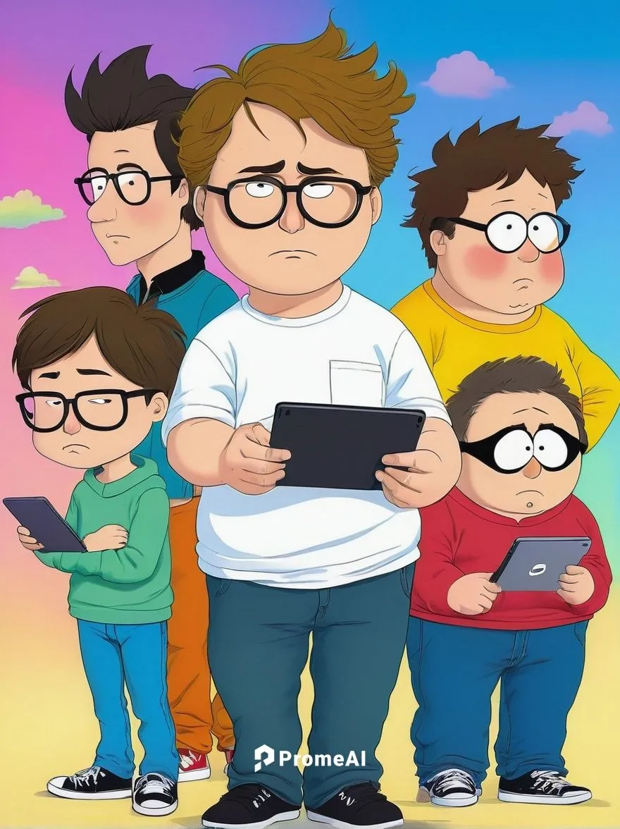 Cartoonish, South Park style, male creator, messy brown hair, thick black glasses, casual wear, jeans, white T-shirt, sneakers, holding a tablet, standing in front of a colorful background, Cartman, K