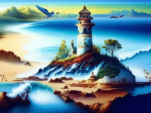 the ocean is covered in birds as a lighthouse tower on the top of a small island,lighthouses,an island far away landscape,sea landscape,lighthouse,atlantica,coastal landscape,Illustration,Realistic Fa