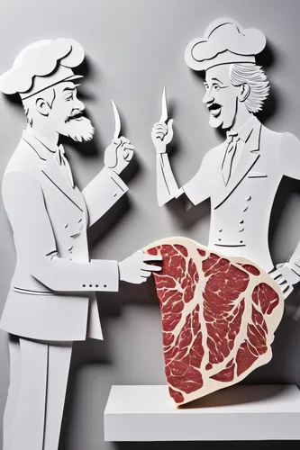 Craft a comedic dialogue between two friends arguing about the best way to cook a steak in a steakhouse.,meat carving,entrecote,steaks,meat products,paper art,striploin,rumpsteak,meat analogue,steak,k