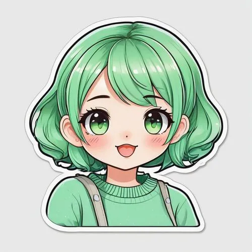 A detailed sticker design of a Kawaii-style girl, wearing a pastel green jumper, winking, cute accessories, hand-drawn quality, against a white backdrop. Created Using: manga art style, soft pastels, 