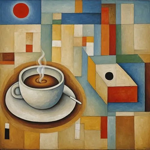 Coffee and cigarettes, an oil painting by Paul Klee,woman drinking coffee,café au lait,espresso,caffè macchiato,a cup of coffee,caffè americano,woman at cafe,capuchino,café,cup of coffee,coffee tea il