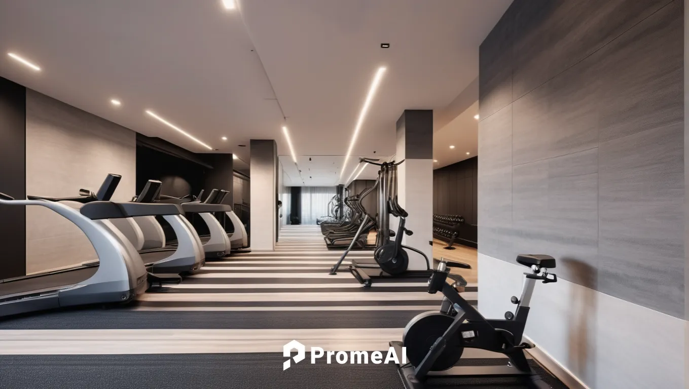 Gym of a luxury apartment building. ceiling painted black. woven rug grey and black on the floor. mirrors on the walls.,fitness room,fitness center,indoor cycling,exercise equipment,indoor rower,worko