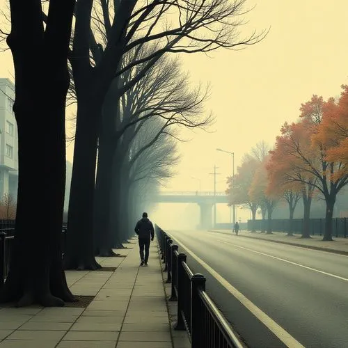 The image depicts a street scene on a misty or foggy day. The foreground shows a sidewalk flanked by a row of tall, leafless trees on the left side and a road on the right side, separated by a black m