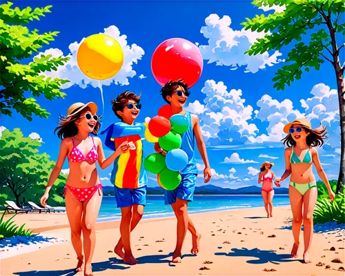 beach goers,umbrella beach,summer beach umbrellas,beachgoers,parodius,paradise beach,summer background,colorful balloons,water balloons,dream beach,windjammers,beachwear,bahamonde,summer clip art,sunsoft,summer icons,retro cartoon people,rainbow color balloons,kites balloons,vacationers,Illustration,Japanese style,Japanese Style 04