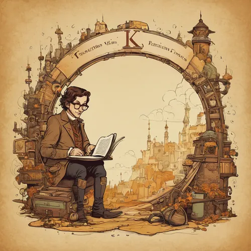 clockmaker,sci fiction illustration,scholar,illustrator,game illustration,book illustration,typewriter,watchmaker,librarian,steampunk,digital nomads,author,man with a computer,bookworm,hand-drawn illustration,sherlock holmes,fairy tale icons,writing-book,researcher,frame illustration,Illustration,Children,Children 04