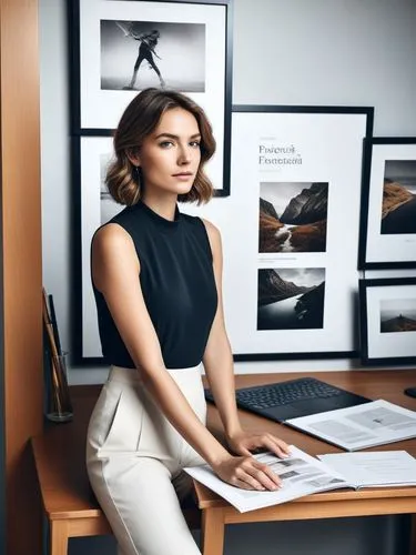 Create an elegant portfolio that showcases your best work.,the young woman is sitting on a desk and posing,karavaeva,teodorescu,petrushova,mideksa,holding a frame,pencil frame