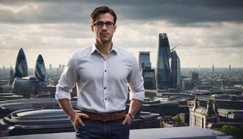 Mid-30s male, architect, standing, confident pose, glasses with black frames, short brown hair, facial stubble, white shirt, rolled-up sleeves, dark blue jeans, black leather belt, formal shoes, holdi