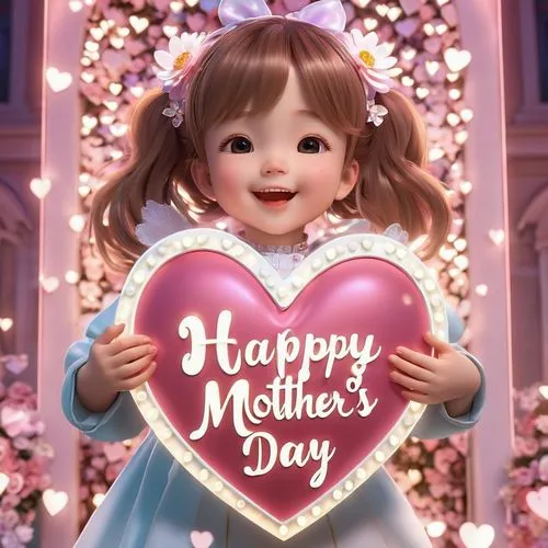 a cute girl cradles a sign " Happy Mother's Day, " crafted in intricate anime typography. Adorned with iridescent hearts and micro lights, it emanates affection against an architectural backdrop of pa