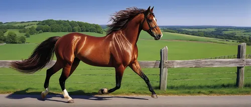 horse, Norfolk Roadster breed, glossy chestnut coat, muscular build, high-stepping gait, flowing mane, alert ears, proud posture, leather harness, shiny hooves, trotting, country road, green pastures,