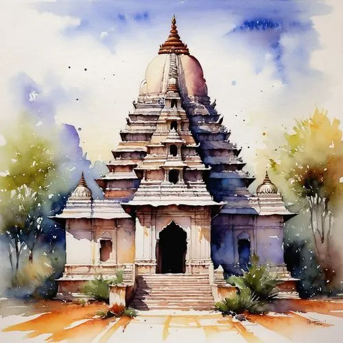 indian watercolor temple,watercolor painting of a temple in the park,bodhgaya,vimana,mahabodhi,khajuraho,chhatri,orchha,Illustration,Paper based,Paper Based 03