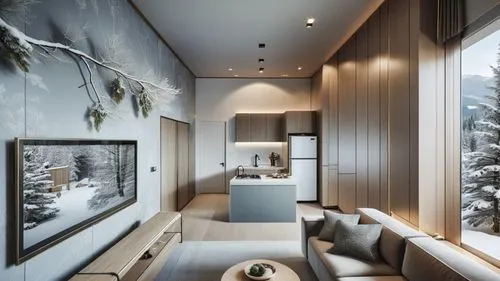 This photo features the living room and small kitchen of a hotel suite located in Puli, Taiwan. 
The design integrates elements of winter, Switzerland, and the tranquil atmosphere of the mountains, 
e