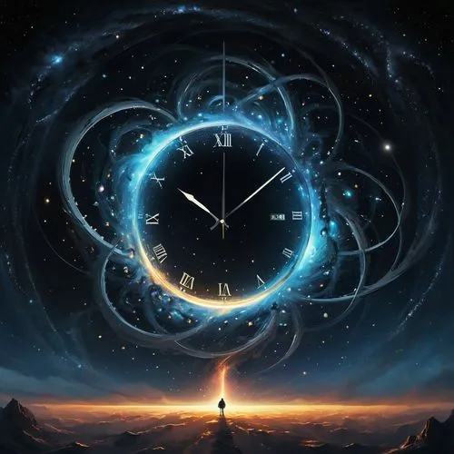 Create an illustration of a giant cosmic clock made of swirling galaxies, where each hour is represented by a different celestial event (like a supernova or a black hole). The clock hands are made of 