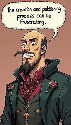 Draw in anime style: An image of a Gothic goatee Doctor Faustus. A large speech bubble above his head says, "The creation and publishing process can be frustrating",a man with an old fashioned suit in