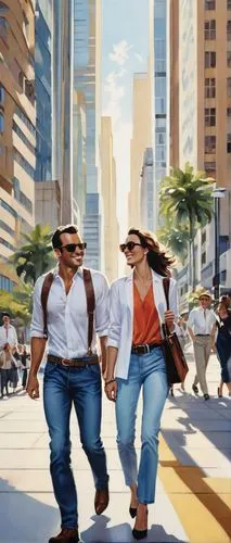 Modern architecture, people walking, urban sketch, male, 30s, casual outfit, jeans, white shirt, sunglasses, briefcase, female, 20s, trendy clothes, heels, coffee in hand, chatting, smiling, friends, 