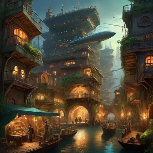 fantasy city,atlantis,aurora village,ancient city,kinkade,harbor,Illustration,Realistic Fantasy,Realistic Fantasy 01