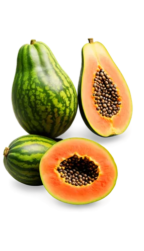 Ripened papaya, solo, still life, green skin, yellow flesh, juicy texture, seeds visible, studio lighting, 3/4 composition, shallow depth of field, warm color tone, cinematic lighting.,muskmelon,papay