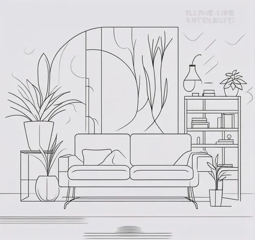 line drawing of living room with couches, coffee table and shelf,coloring page,botanical line art,coloring pages,background vector,summer line art,cactus line art,Design Sketch,Design Sketch,Outline