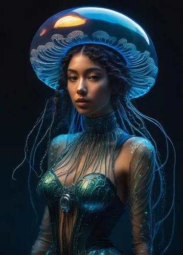 blue enchantress,sirena,bioluminescent,fairy peacock,kerrii,medusahead,Illustration,Realistic Fantasy,Realistic Fantasy 06