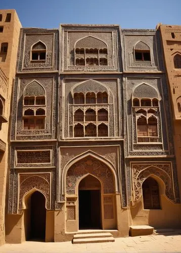 Yemen architecture, ancient city, Sana'a old town, mud-brick skyscraper, intricate stucco ornaments, wooden doors, arched windows, Islamic geometric patterns, vibrant colored glass, narrow alleys, bus