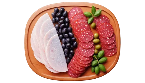 Sliced salami, thin layers, cured meat, red color, white fat, garnish with olives, artfully arranged, overhead shot, warm lighting, shallow depth of field, rustic wooden table, realistic texture.,gala