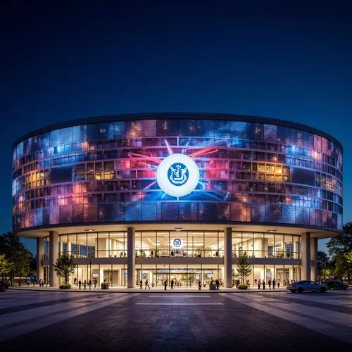 Grand stadium facade, undulating curves, dynamic LED lighting, sleek metal cladding, transparent glass panels, cantilevered rooflines, monumental entrance gates, vibrant team color schemes, geometric 