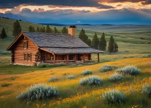 Rustic Wyoming ranch house, wooden exterior, stone foundation, sloping roof, chimney puffing smoke, surrounded by vast open plains, rolling hills, scattered pine trees, wildflowers blooming in vibrant