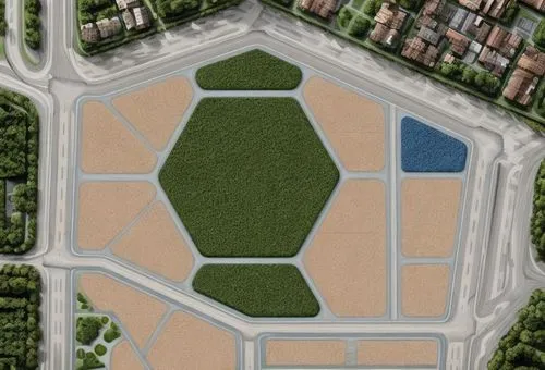 Design an block in an urban design project using the image 
the green space represent a cemetry in the middle which should be conserved 
the Gray colour is the the existiong road network with the blue