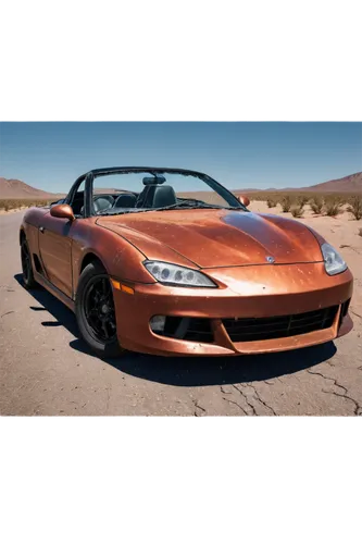 Crushed sports car, wrecked on roadside, shattered windshield, dented hood, twisted metal frame, blown-out tires, sparks flying everywhere, dramatic lighting, low-angle shot, intense atmosphere, aband