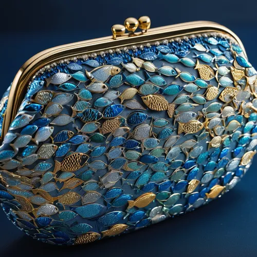 Design a purse that takes inspiration from a shimmering school of fish. The exterior of the purse should be adorned with small, sparkling jewels arranged in a pattern that mimics the movement of fish.