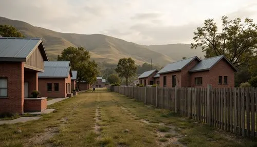 Rustic rural landscape, rolling hills, wooden fences, vintage barns, natural stone foundations, earthy red brick buildings, weathered metal roofs, distressed wood accents, muted greenery, soft warm li