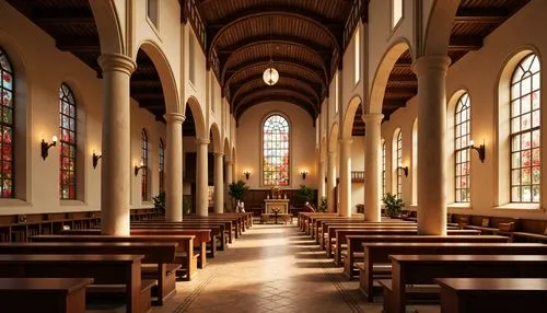 Serene church interior, warm beige walls, rich wood tones, stained glass windows, vibrant red accents, soft golden lighting, elegant archways, intricate stone carvings, ornate metalwork, peaceful atmo